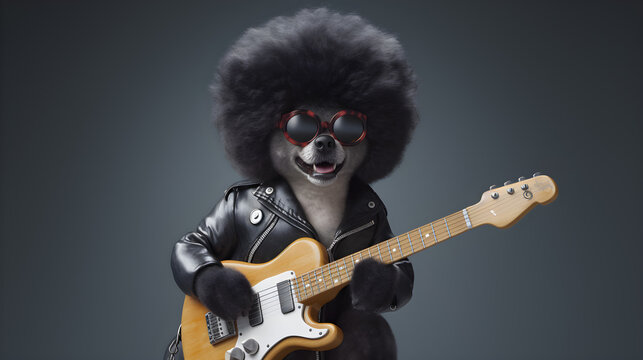 A funky dog with an afro hairstyle, wearing a leather jacket and playing guitar. Generative AI