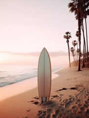 Pastel surfboards on the beach. Summer time relax vacation home house with cacti plants and palms. Generated AI.