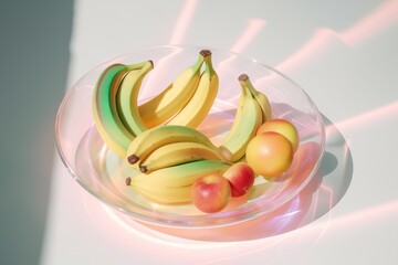 Neon colored plate with watermelon banana orange lemon fruits on the pool or pastel LA California beach. Summer refreshment time with neon yellow blue color with sun rays and sunshine. Generated AI.
