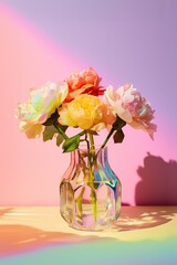 Neon colored vase with flowers on a pastel background near the sea or pool. Summer time with neon pink blue turquoise color with sun rays and sunshine. Generated AI.
