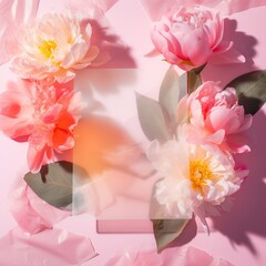 White lay out card design for text empty space with peony flowers and roses. Spring time love message concept. Neon lights with sun rays. Summer. Generated AI.