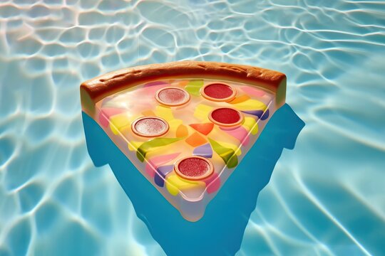 Neon colored rubber pizza clice on a pastel pool. Summer time with neon pink blue turquoise color with sun rays and sunshine. Generated AI.