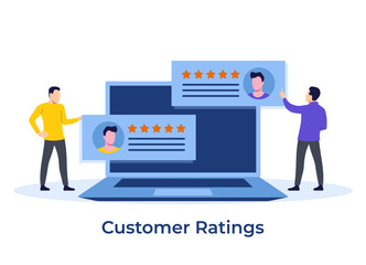 Customer feedback review experience, Clients leaving positive ratings on laptop screen, Website rating concept vector illustration, for landing, page, web banner, mobile apps, infographic