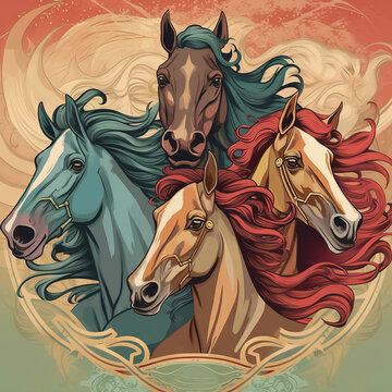 Portrait wild horses illustration. Made with Generative AI.