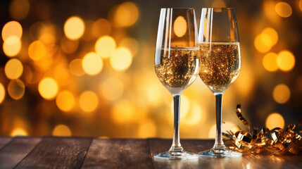 Two elegant high champagne glasses on a brurred shiny Christmas background