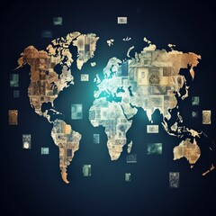 Stylized world map with currency symbols superimposed