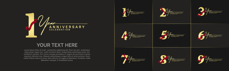 set of anniversary logo with golden number and red ribbon can be use for celebration