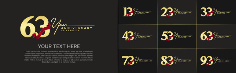 set of anniversary logo with golden number and red ribbon can be use for celebration