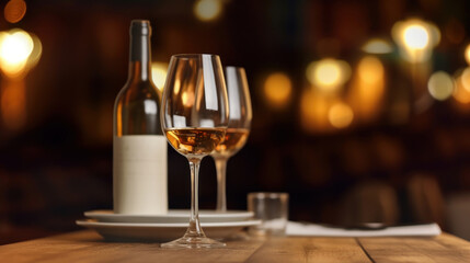 Obraz premium Two wine glasses and a wine bottle, restaurant background