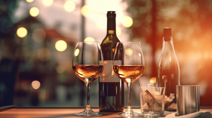 Two wine glasses and a wine bottle, restaurant background