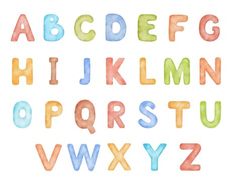 Watercolor colorful hand drawn watercolor childish alphabet. Multicolored letters for children