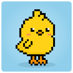 chick in 8 bit pixel art. Animals Pixel in vector illustration for cross-stitching and game assets.