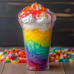 Colorful slushie in a tall plastic cup with whipped cream, rainbow sprinkles, and candy