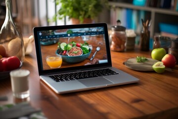 online health diet food course on laptop screen with various healthy food on top of wooden table, generative AI