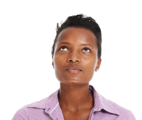 Black woman, looking up and thinking isolated on a transparent, png background. African female person, thought and ideas with inspiration and casual fashion with contemplation and religious belief