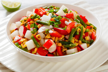 corn, radish, jicama, pepper, green bean salad