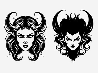 Devil girl head black and white illustration logo set