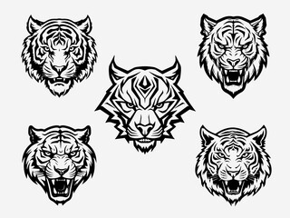 Tiger head black and white illustration logo set