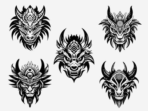 Dragon head tribal tattoo logo set with bold black and white illustrations set, symbolizing power, mystique, and ancient wisdom