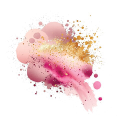 Pink watercolor splash splatter stain brush strokes with gold glitter on white background. Modern aquarelle spot. Trendy isolated painted design on white. Element. Vector watercolor illustration