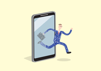 スマートフォンから走り出てくるビジネスマン