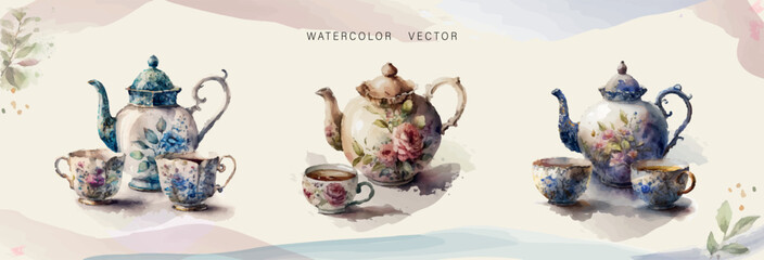 
Сollection of teapots in watercolor style for your design. Vector set.
