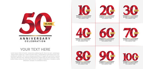 set of anniversary logo with red number and gold ribbon can be use for celebration