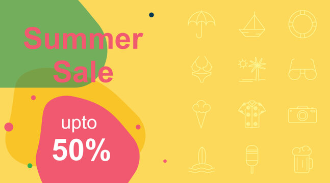 Summer sale poster and Banner holiday offer for print and digital media with summer icons in background