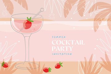 Summer cocktail party invitation design template, sparkling cocktail with strawberry,  beach background with palm trees.