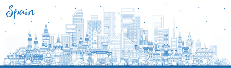 Fototapeta premium Outline Spain City Skyline with Blue Buildings. Spain Cityscape with Landmarks. Madrid. Barcelona. Valencia. Seville. Zaragoza.