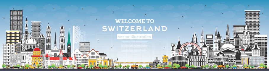 Welcome to Switzerland. City Skyline with Gray Buildings and Blue Sky. Switzerland Cityscape with Landmarks.