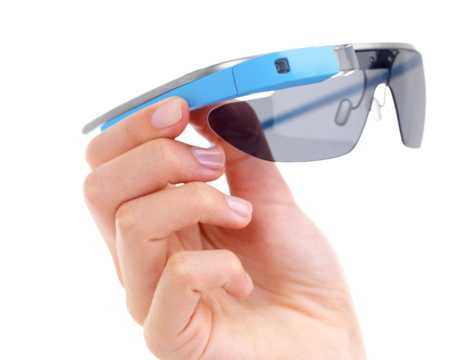 Smart glasses, hand and person with digital code, iot or innovation, big data or futuristic programming. Finger, spectacles and metaverse or cloud computing on isolated, transparent or png backgroung