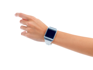 Arm, watch and tech product with time, hand and screen isolated on a transparent, png background. Digital clock, futuristic and online app of a person with technology and wrist gadget and web device