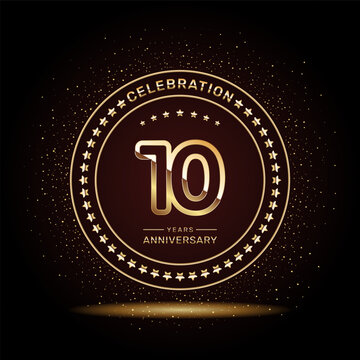 10 year anniversary logo design with double line numbers in gold color, vector template