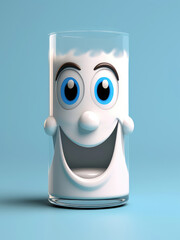 Cute adorable 3D cartoon character glass of milk smiling with big eyes