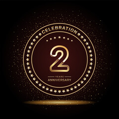 2 year anniversary logo design with double line numbers in gold color, vector template