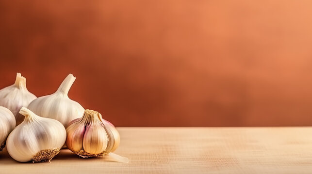 Ripe garlic mockup and copy space with a gradient background, generative AI