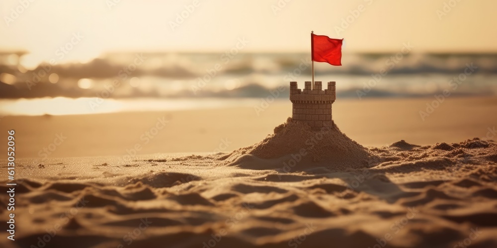 Wall mural sandcastle with red flag with generative ai