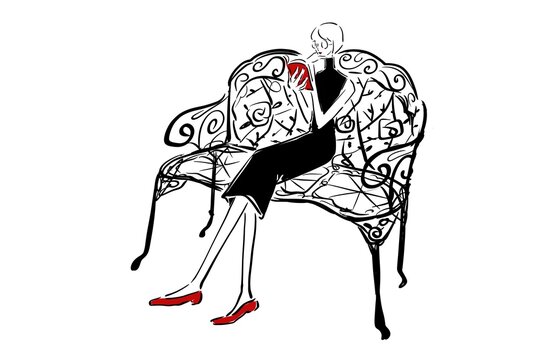 This illustration shows a stylish woman reading on a bench.