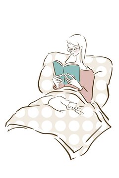 This illustration shows a girl and a cat relaxing in bed with a book before going to sleep.
