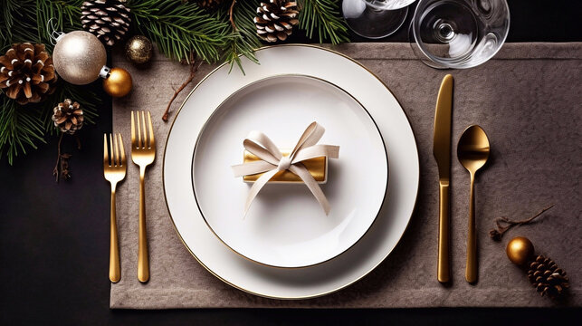 Modern Christmas table place setting. Golden cutlery, linen napkin, spruce branches and Pine cone. AI Generative Image