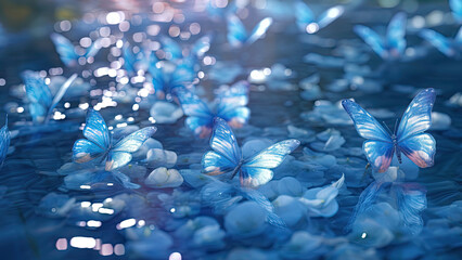 a hyper realistic scene of beautiful blue crystal butterflies afloat the sea in spring season