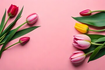 Tulips on pink background. Generative AI.