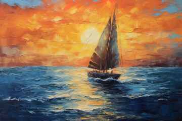oil paint, sailboat boat at sunset on the ocean