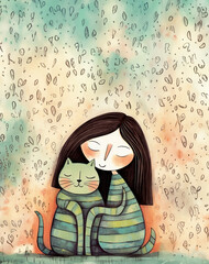 A girl is happily holding her lovely cat.Illustration for international cat day