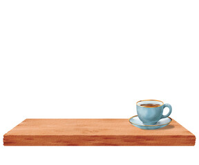 Watercolor composition of a cozy autumn evening. A blue porcelain cup of coffee stands on the windowsill. Teatime. Beginning of the day. Template for posters, websites, stories, notebooks, textbooks.