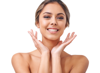Beauty, happy and portrait of natural woman on isolated, png and transparent background for skincare. Dermatology, spa aesthetic and face of female person for makeup, cosmetics and facial wellness