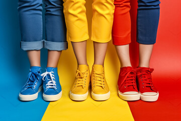 A striking shoe in vivid shades of yellow, blue, and red stands out against a plain background, creating a visually captivating image that exudes a vibrant and energetic fashion mood. generative AI.