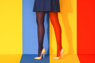 A striking shoe in vivid shades of yellow, blue, and red stands out against a plain background, creating a visually captivating image that exudes a vibrant and energetic fashion mood. generative AI.