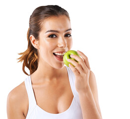 Apple, health and portrait of woman and weight loss on transparent background for diet, nutrition and food. Fruit, fitness and wellness with person isolated on png for body, workout and balance